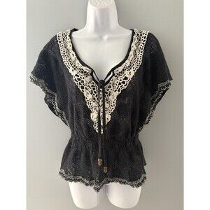 Rue21 Babydoll Top Womens Small Black Y2K Lace Crochet Boho Peasant Tassels